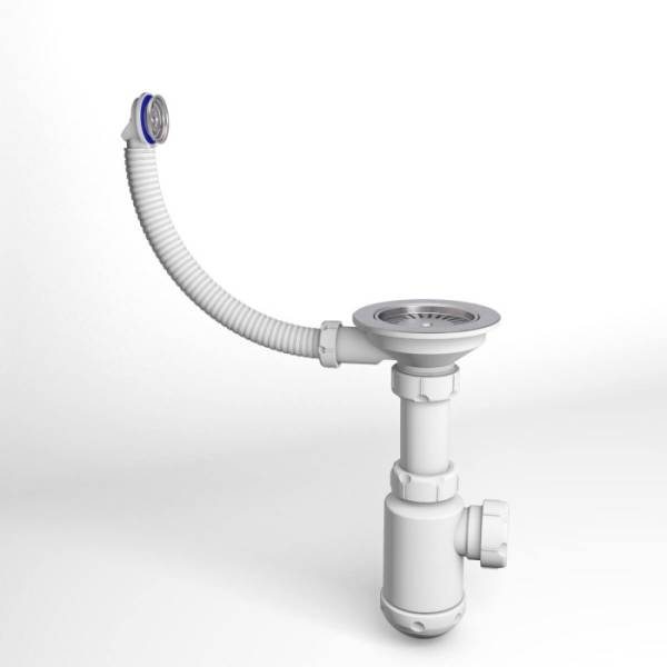 Сифон для одночашевой мойки сталь 3 1/2 +гофра прямоуг перелив с отводом с/м