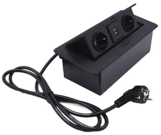 Розетка выдвижная горизонтальная (2x+USB) черная 2м кабель