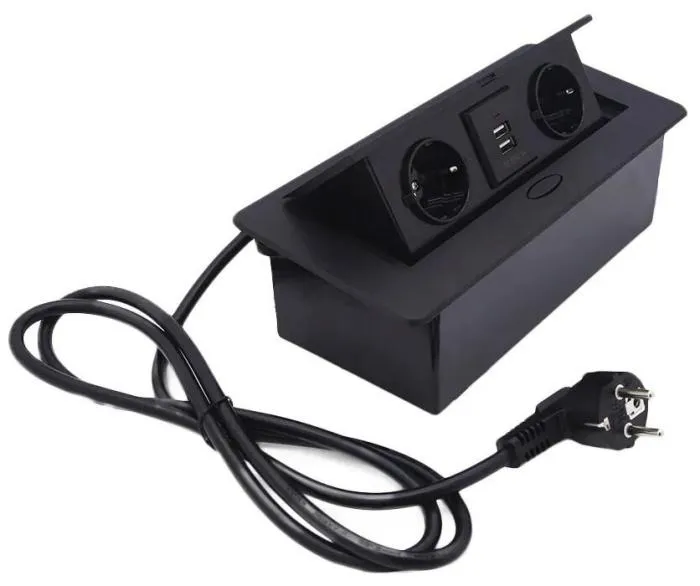 Розетка выдвижная горизонтальная (2x+USB) черная 2м кабель