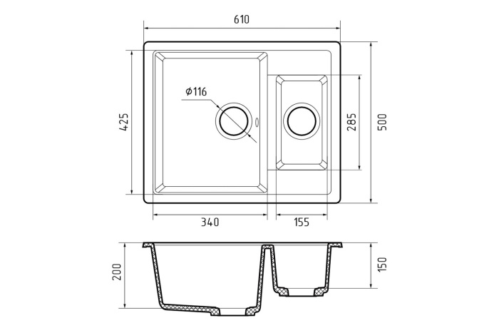 Мойка 610*500 двухчашевая Гранфест QUADRO белый 610К