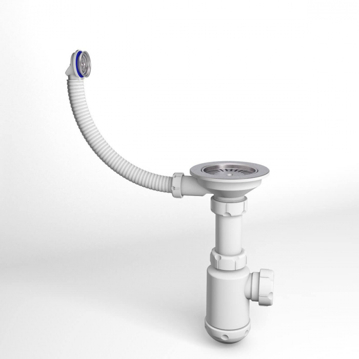 Сифон для одночашевой мойки сталь 3 1/2 +гофра прямоуг перелив с отводом с/м