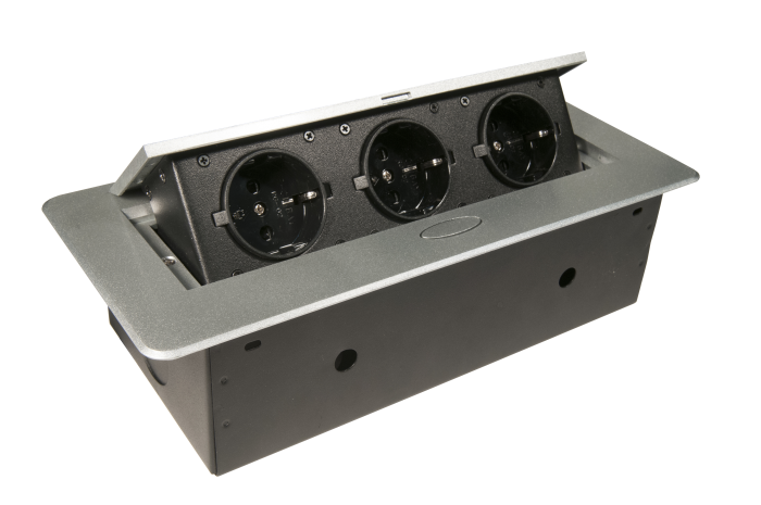 Розетка выдвижная горизонтальная (3x EURO) серебро 2м кабель