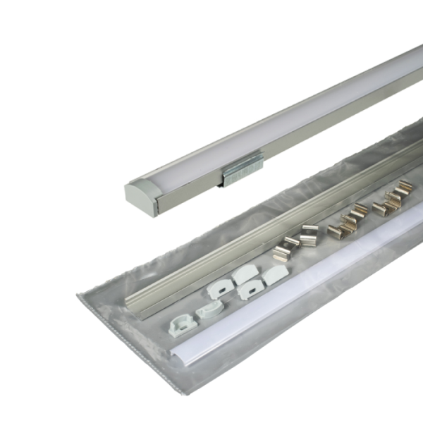 Профиль накладной серебро для ленты светодиодной в компл рассеив молочный + заглушки, L-3000