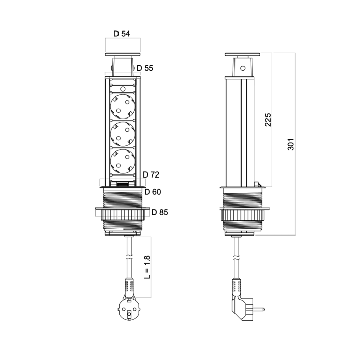 Розетка выдвижная вертикальная (3х2 USB) серебро POP-UP