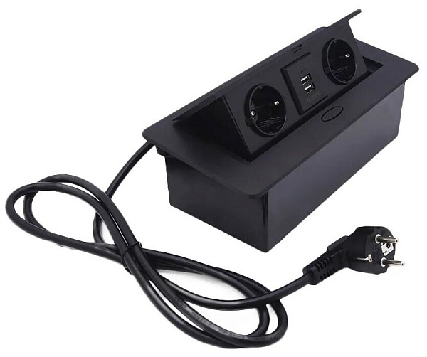 Розетка выдвижная горизонтальная (2x+USB) черная 2м кабель