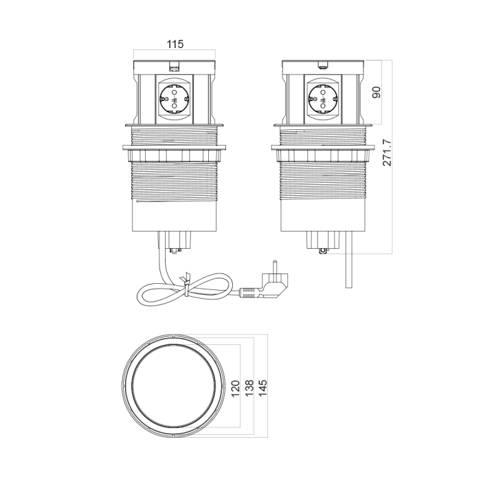 Розетка выдвижная вертикальная (4х EURO) черная 2м кабель