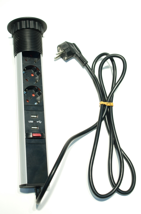 Розетка выдвижная вертикальная (3х2 USB) серебро POP-UP